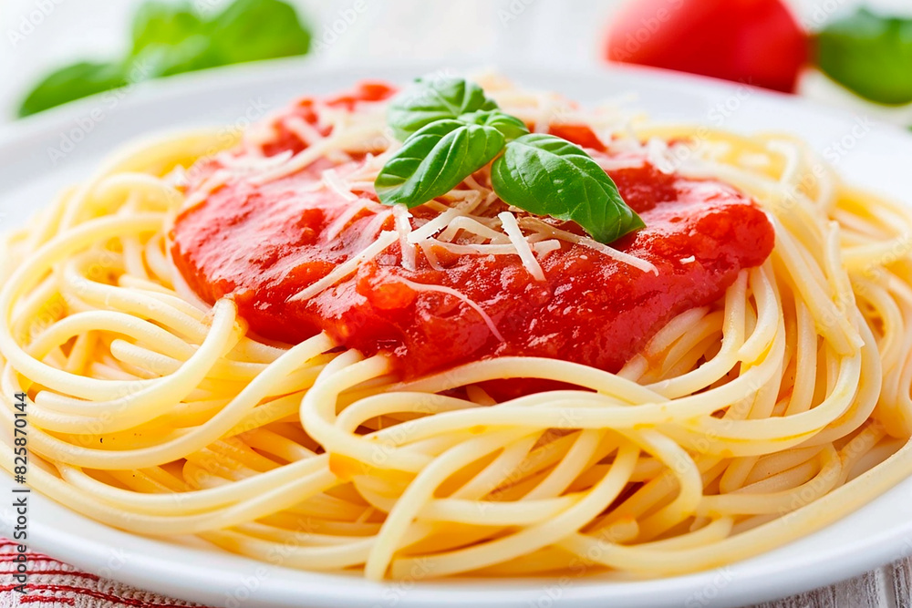 A plate of spaghetti with red sauce and basil on top A plate of spaghetti with red sauce and basil on top