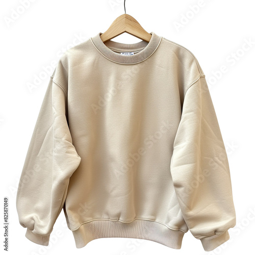 Front view of a beige crewneck sweatshirt on a wooden hanger isolated on a white transparent background © SuperPixel Inc