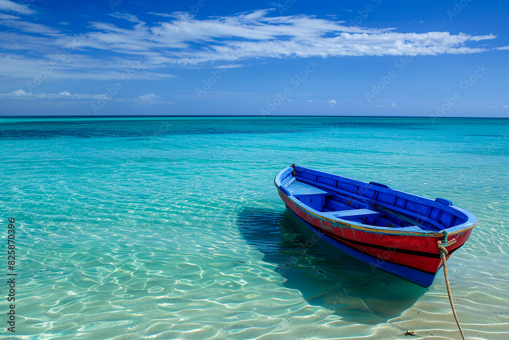 A blue boat is floating in the ocean A blue boat is floating in the ocean