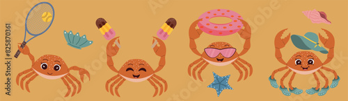 Crab set on the beach. Cute crab playing tennis  swimming  eating ice cream. Summer  beach  sand. Illustrations for your design  stickers  banners  postcards  web  print