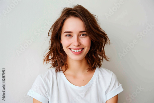 A woman with short brown hair is smiling and wearing a white shirt
