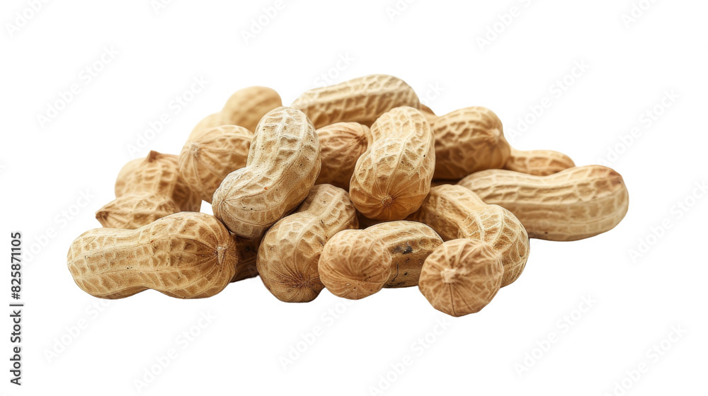 A cluster of peanuts gathered together in a pile on a plain white surface A cluster of peanuts gathered together in a pile on a plain white surface