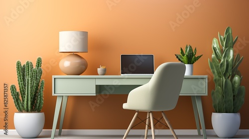 A modern office mock-up with a clean desk, a large monitor, a keyboard, and a potted cactus, providing a simple and stylish setting for productivity. © DARIKA