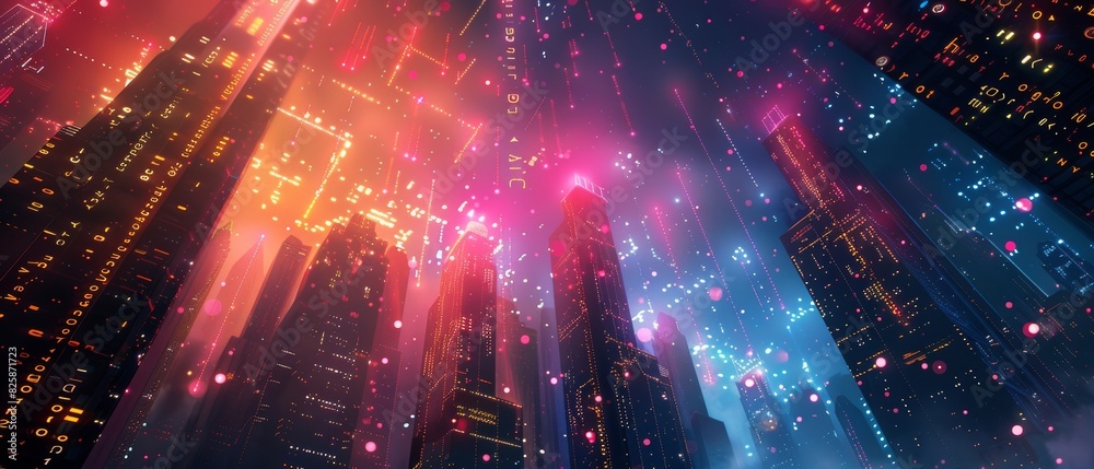 Vibrant futuristic cityscape with neon lights and towering skyscrapers, creating a dazzling and colorful night scene. Vibrant futuristic cityscape with neon lights and towering skyscrapers, creating a dazzling and colorful night scene.