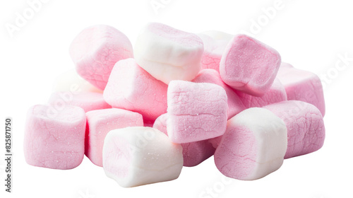 A collection of pink and white marshmallows stacked on top of each other against a plain white backdrop