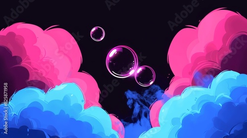  A collection of soap bubbles drifts aloft against a backdrop of blue, pink, and purple clouds, culminating in a darkened sky A palm tree anchors the scene photo