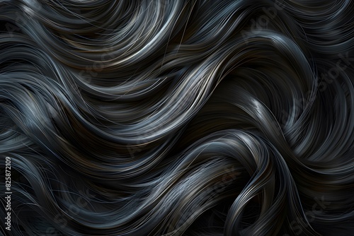 Elegant swirls of black hair with a silky texture. Close-up. Shiny healthy hair texture for stunning backgrounds.