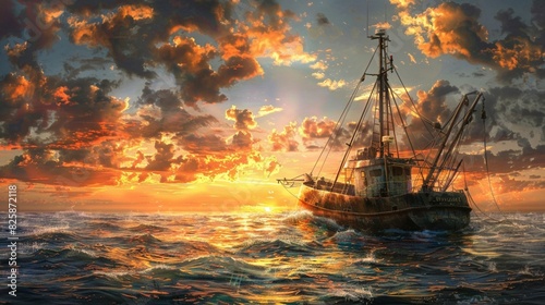 the fishing boat in ocean sunset.