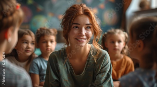 A female social worker sitting in a chair and talking to children at school