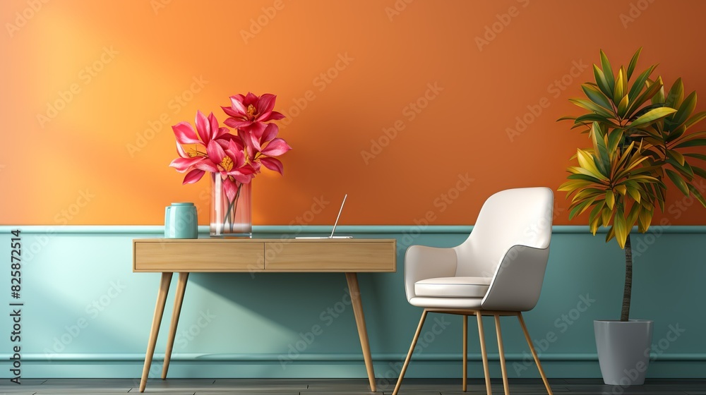 A modern office mock-up with a simple desk, a comfortable chair, a potted plant, and colorful wall art, combining functionality with vibrant design elements. A modern office mock-up with a simple desk, a comfortable chair, a potted plant, and colorful wall art, combining functionality with vibrant design elements.