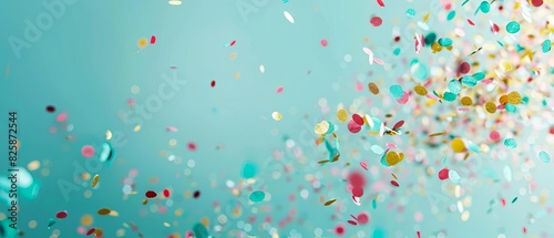 Colorful confetti against a turquoise background, capturing the festive and celebratory mood. Perfect for party, celebration, and festive design projects.