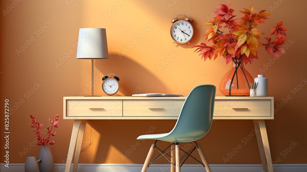 A stylish and simple office setup featuring a wooden desk, a white chair, a minimalist lamp, and colorful office supplies, providing a modern and cheerful environment. A stylish and simple office setup featuring a wooden desk, a white chair, a minimalist lamp, and colorful office supplies, providing a modern and cheerful environment.