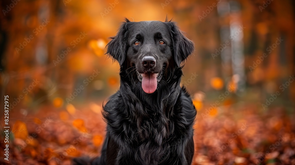  A black dog, tongue out, sits in a wooded area amongst piles of fall leaves Autumn-hued trees loom in the background, their yellow leaves blanketing the forest