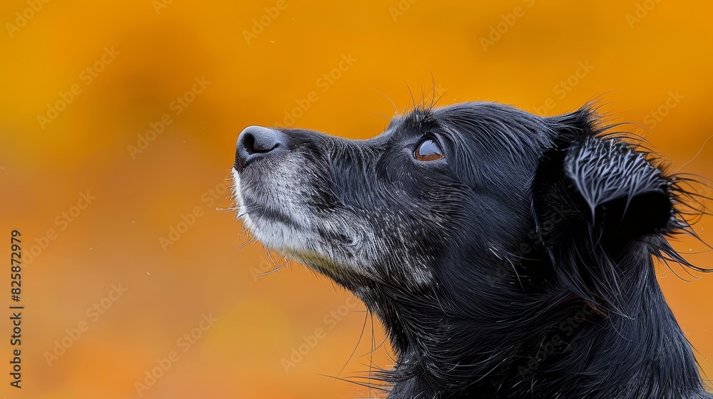 Fototapeta premium A tight shot of a dog gazing at the sky, orange and yellow blooms softly blurred behind its eyes