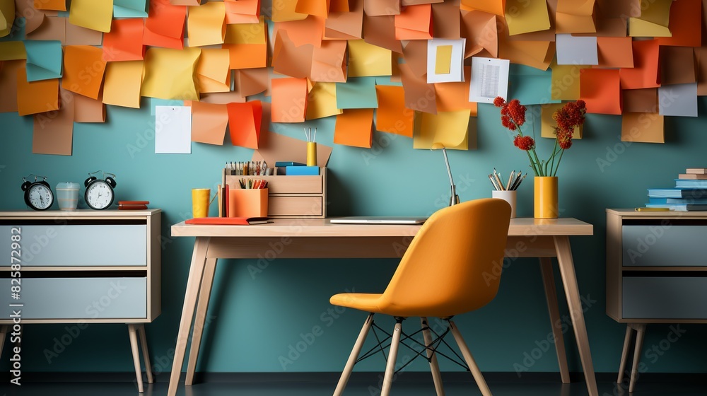 A minimalist office background with a plain desk, a laptop, a modern desk lamp, and a few colorful sticky notes, offering a clean and organized workspace.