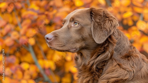  A detailed shot of a dog gazing at a bush, adorned with oranges and yellows in the backdrop The foreground features a slightly blurred canine silhou photo