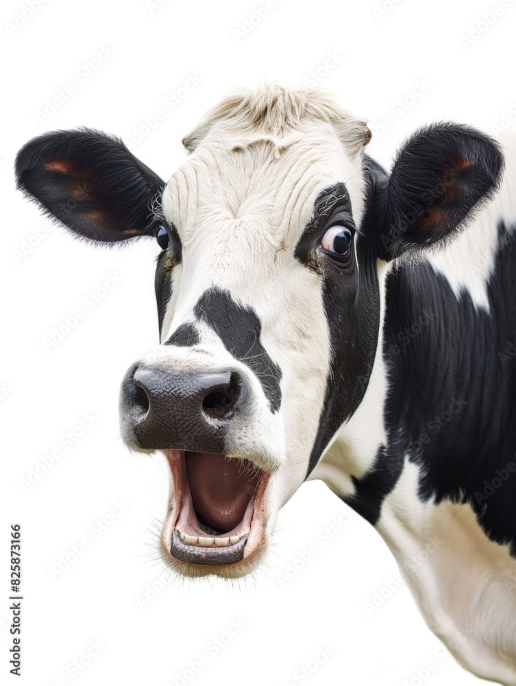 Surprised or amazed black and white cow with mouth open on studio background Surprised or amazed black and white cow with mouth open on studio background