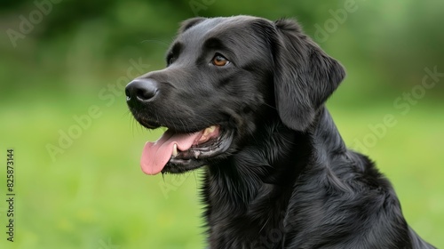  A tight shot of a black dog with its tongue extended from its mouth