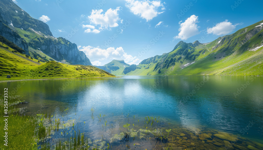 A lake surrounded by mountains and grass in a serene setting 
