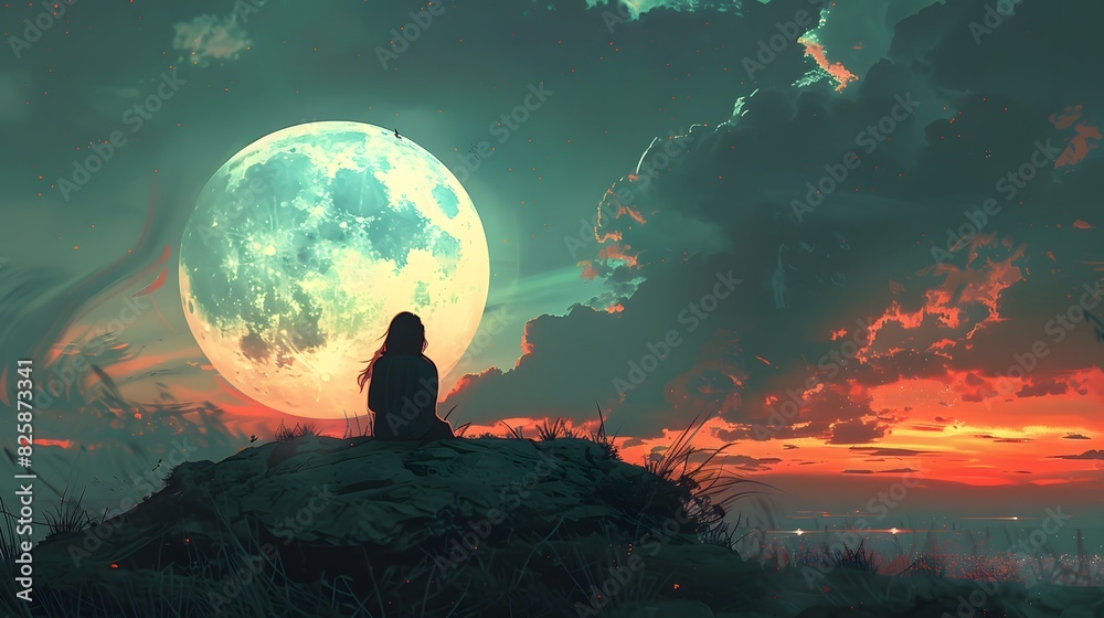 A person sits on a hilltop, silhouetted against a glowing full moonrise and vibrant twilight sky, evoking serenity and wonder. A person sits on a hilltop, silhouetted against a glowing full moonrise and vibrant twilight sky, evoking serenity and wonder.