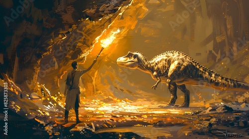 An explorer holding a torch encounters a dinosaur in a glowing cave, blending adventure with prehistoric wonder. photo