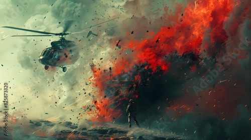 A helicopter hovers as a soldier faces a massive explosion, highlighting the chaos and intensity of a battlefield.