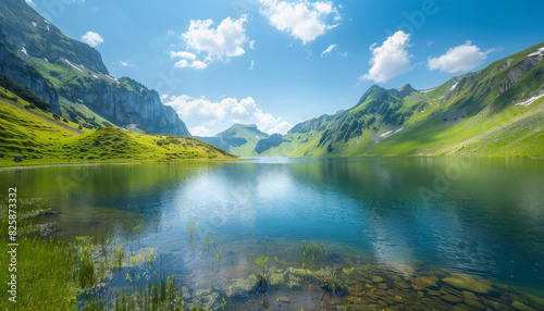 A lake surrounded by mountains and grass in a serene setting 