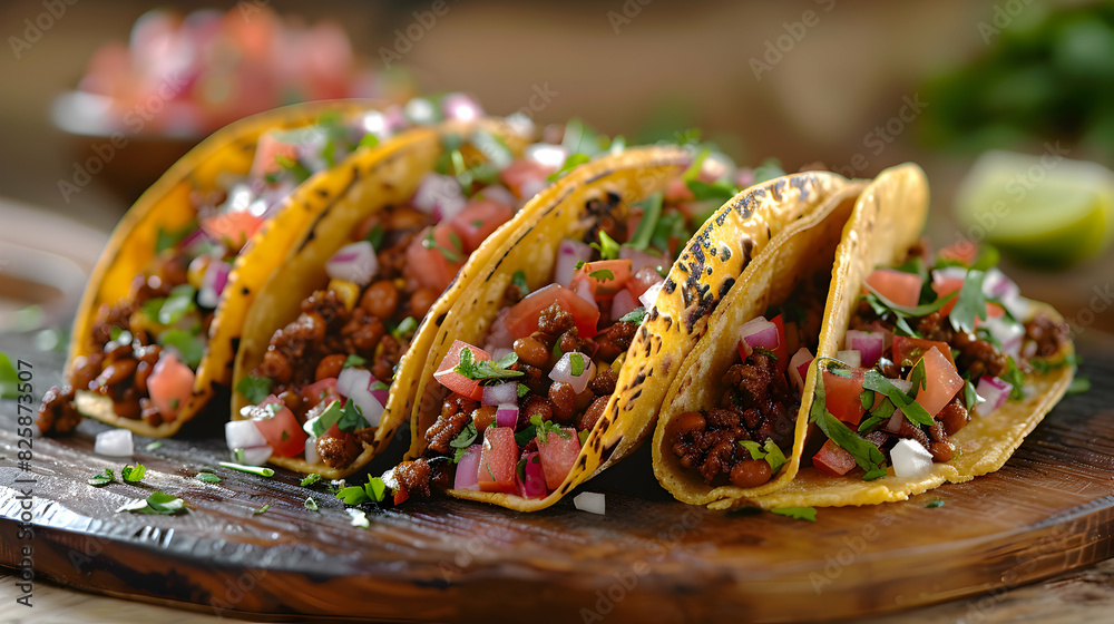 Vibrant Vegan Meal: High Resolution Plant Based Taco Platter Concept on Glossy Backdrop Photo Realistic Stock Image Vibrant Vegan Meal: High Resolution Plant Based Taco Platter Concept on Glossy Backdrop Photo Realistic Stock Image