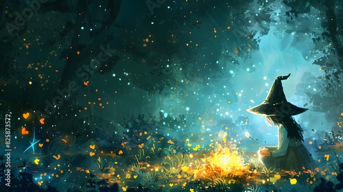 A silhouette of a witch with a glowing wand stands under a starry night sky, surrounded by enchanting magical lights.