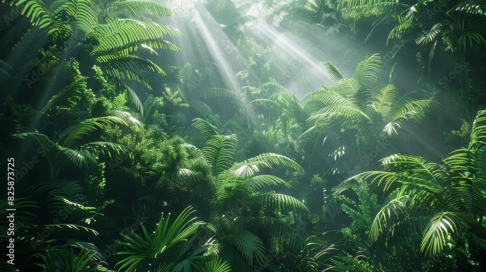 Obraz premium Sunlight filters through lush green tropical rainforest foliage, creating a serene and verdant jungle canopy scene.