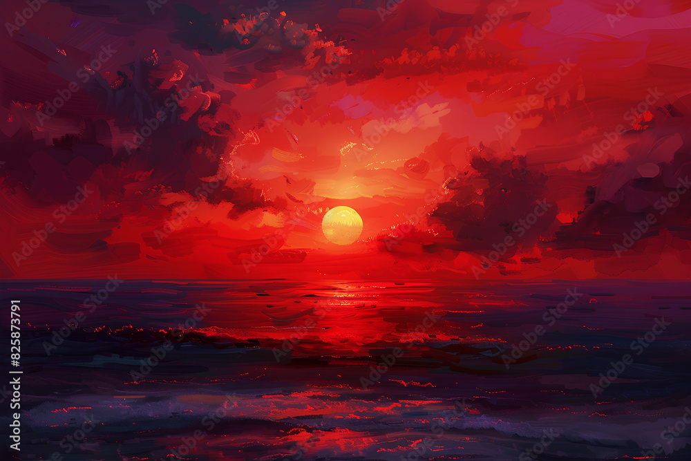 red sunset over the beautiful ocean