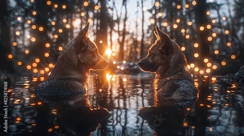  Two dogs seated beside each other atop a tranquil water body, before a forest bedecked with lit trees and blanketed in snow photo