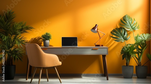 A modern office background with a simple desk, a comfortable chair, a plant, and a motivational poster on the wall, creating an inspiring and modern work environment. photo