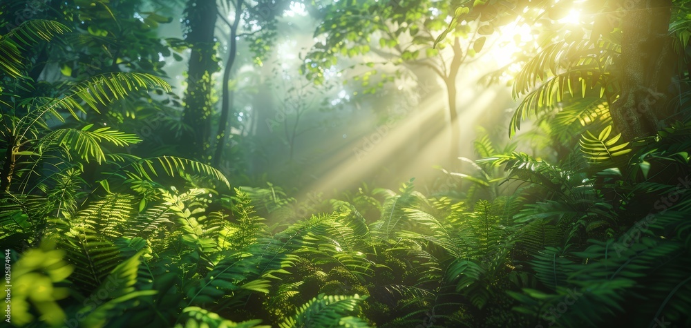 Sunlight beams into a lush, green forest, illuminating ferns and trees. A peaceful, serene scene in the heart of nature.