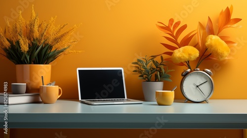 A clean and simple office mock-up with a white desk, a minimalist clock, a laptop, and colorful desk accessories, adding a playful yet professional touch.