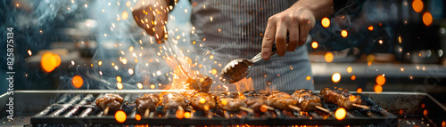 Photo realistic Street food chef in action: High resolution image capturing the skill and excitement of cooking on street food tours with a glossy backdrop   Photo Stock Concept photo