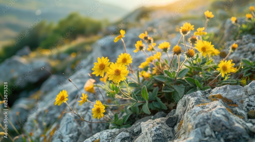 Obraz premium Macro yellow flowers growing on rocky terrain in the Crimean mountains
