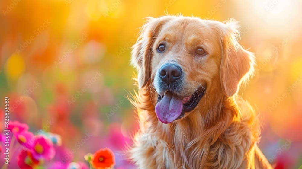 A tight shot of a dog in a flower-filled meadow, sun illuminating its face, tongues out in radiant relaxation