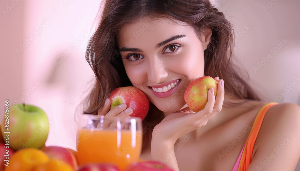 young indian woman sitting with fruits and glass of orange juice young indian woman sitting with fruits and glass of orange juice