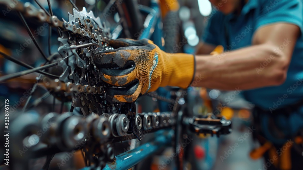 Close up hand of male mechanic working in bicycle repair shop, repairing broken bicycle Close up hand of male mechanic working in bicycle repair shop, repairing broken bicycle