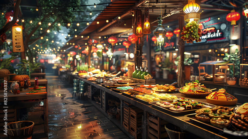 Vibrant Street Food Festival Scene with Diverse Offerings and Festive Ambiance Immersed in High Resolution Quality for Creative Content