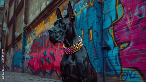  A black dog, sporting a pink collar, stands before a vibrant wall adorned with colorful graffiti A building with a bold red door lies in the backdrop photo