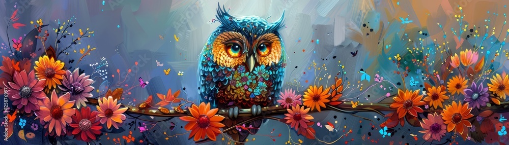 Colorful artistic owl perched on a branch surrounded by vibrant flowers against a dreamy, abstract background. Perfect for nature and art lovers. Colorful artistic owl perched on a branch surrounded by vibrant flowers against a dreamy, abstract background. Perfect for nature and art lovers.