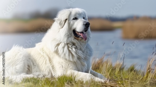  A large white dog lies on a grass-covered field near a body of water, surrounded by a blue sky