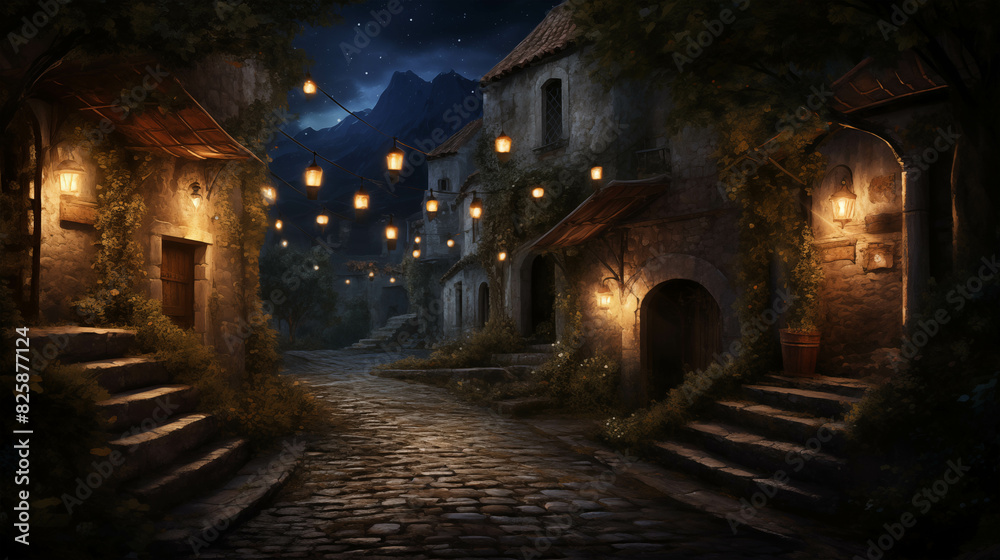 Beautiful, quaint cobblestone street at night, illuminated by charming lanterns, creating a serene and magical atmosphere in an old town setting.