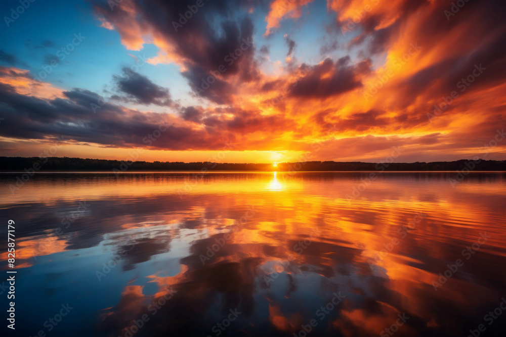 Breathtaking sunset over a serene lake with dramatic clouds reflecting on the water, creating a vibrant and tranquil landscape scene.