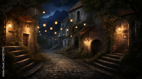 Beautiful  quaint cobblestone street at night  illuminated by charming lanterns  creating a serene and magical atmosphere in an old town setting.