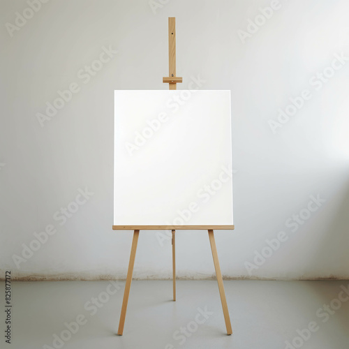 Blank white canvas on a wooden easel standing in an empty room with natural light. Perfect for art projects and design inspiration.