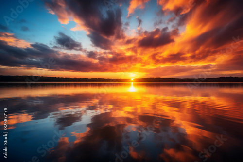 Breathtaking sunset over a serene lake with dramatic clouds reflecting on the water  creating a vibrant and tranquil landscape scene.