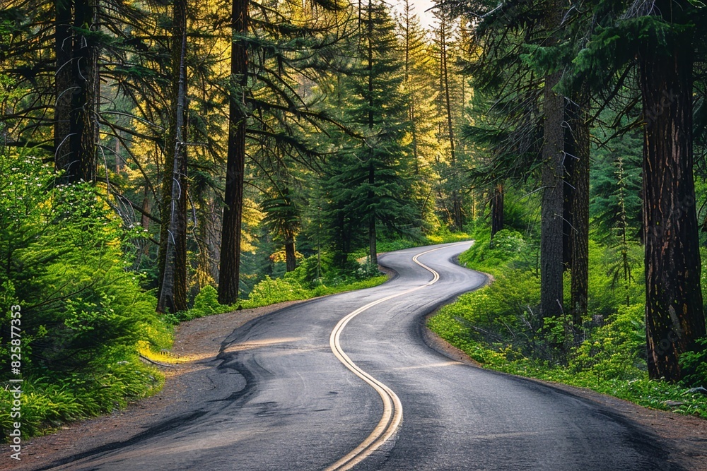 National Park Adventure: Photograph featuring a winding road leading into a national park, surrounded by towering trees and vibrant foliage, perfect for summer outdoor activities.